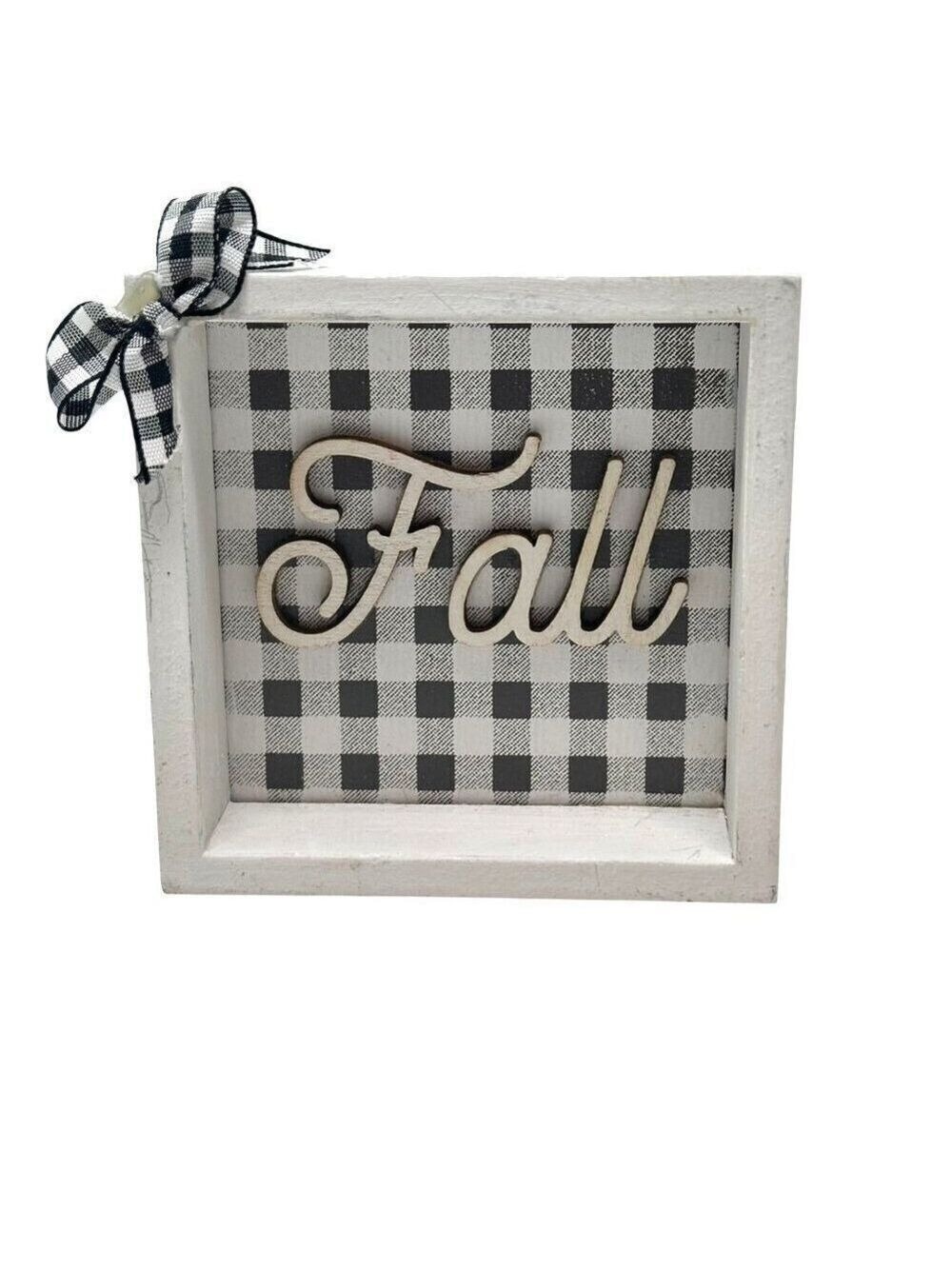 Mini Fall Buffalo Plaid Wood Sign Farmhouse Decor Black White Gingham Bow Autumn